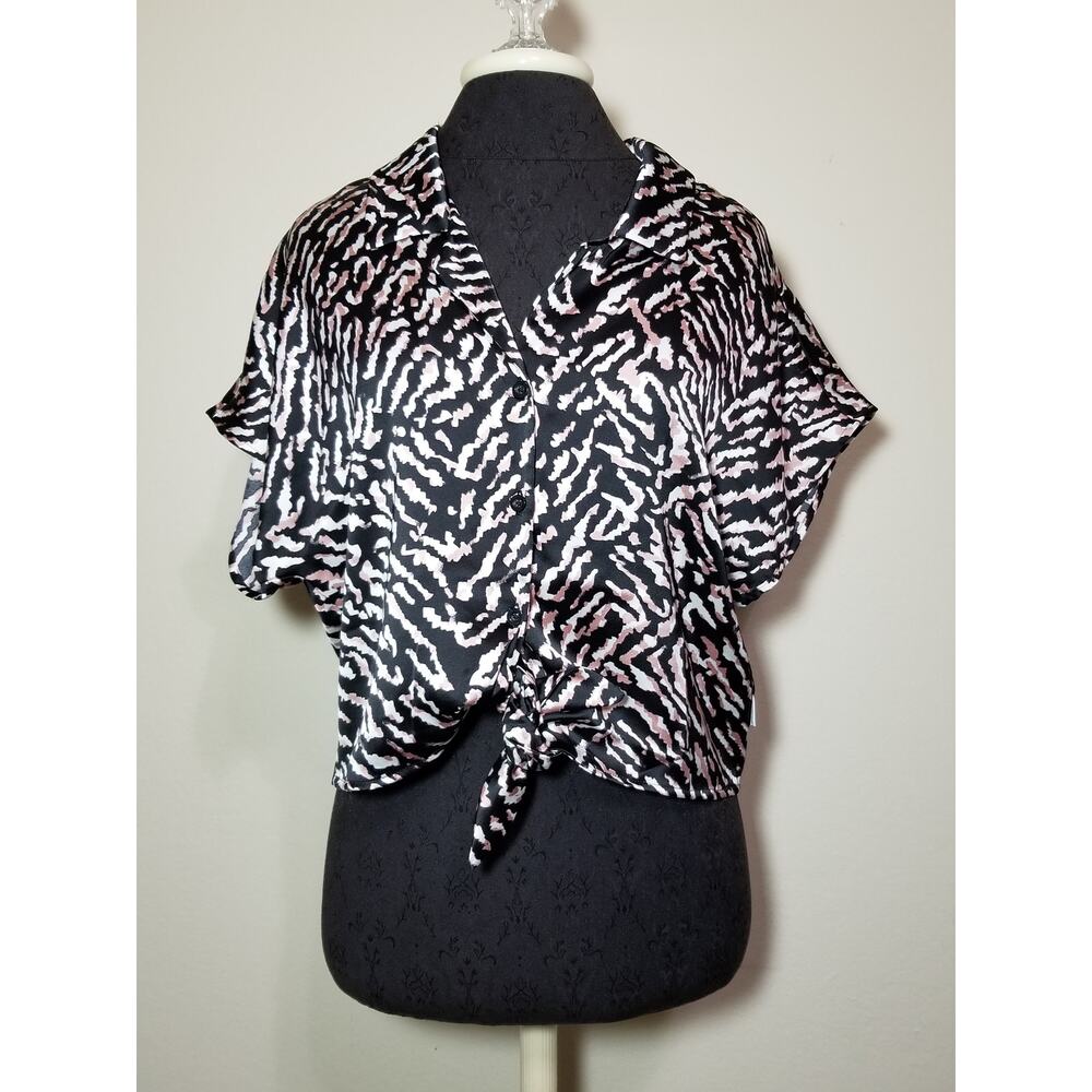 CALVIN KLEIN Women's NEW Crop Tops Shirt Blouse Button Up Size Medium Rose Black